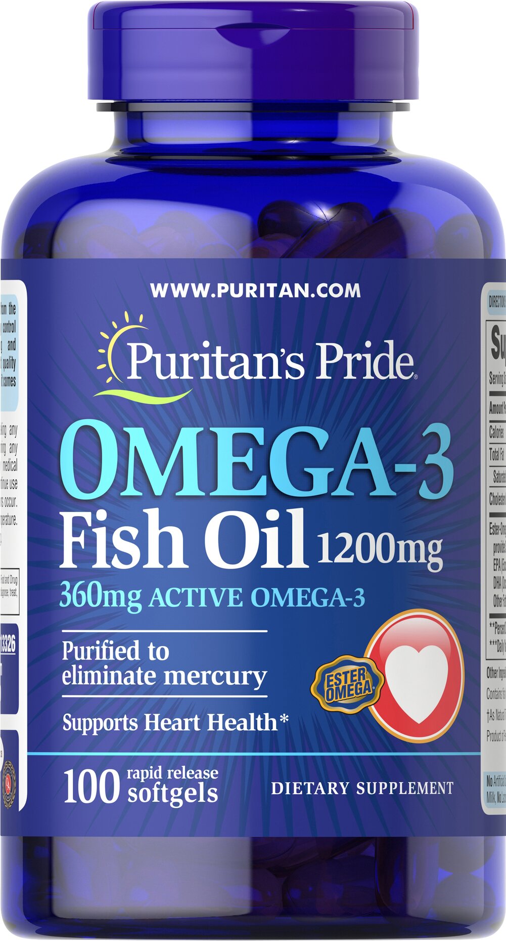 PURITAN'S PRIDE OMEGA 3 FISH OIL 1200MG ×100 SOFTGELS